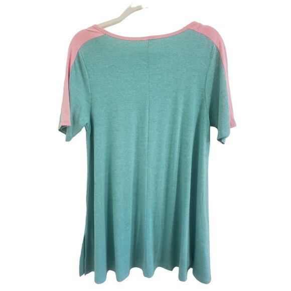 LulaRoe Tunic Top with Drop Shoulder Green with Pink Trim Shirt Size S - Picture 2 of 5